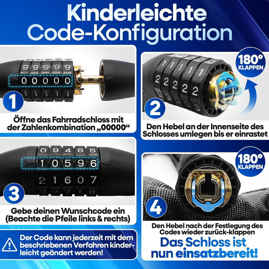 Schritt-für-Schritt-Anleitung zur kinderleichten Code-Konfiguration am Nextcover Kettenschloss: Zahlenkombination „0000“ eingeben, Hebel umlegen, Wunschcode einstellen und Hebel zurückklappen.