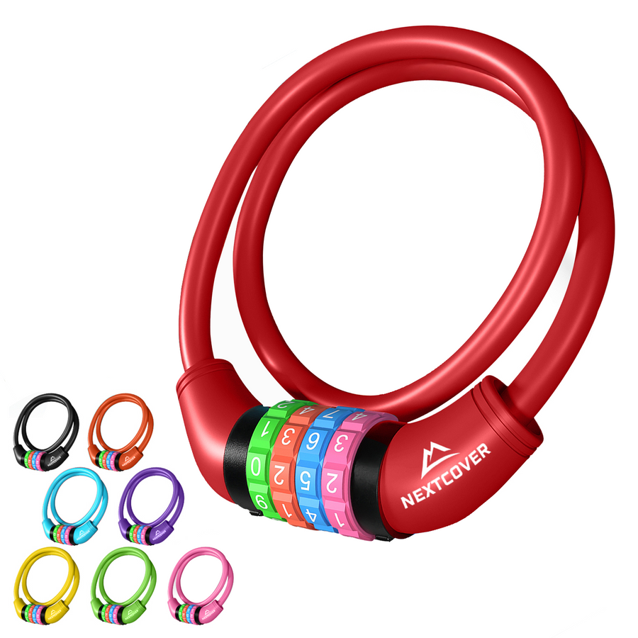 Nextcover Kinder Fahrradschloss mit buntem Zahlencode – sicheres, kindgerechtes Zahlenschloss in mehreren Farben, ausgezeichnet mit Note 1,2 „Sehr gut“, ideal für Kinderfahrräder und Familienausflüge.