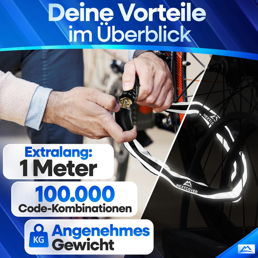 Nextcover Kettenschloss, Testsieger (Prüfengel 1,2 „Sehr Gut“), wetterbeständig und rostfrei, mit über 100.000 Code-Kombinationen, eingravierten Zahlen und komfortablem Gewicht für maximalen Diebstahlschutz.