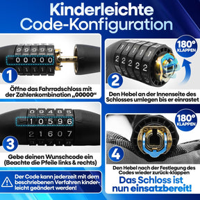 Schritt-für-Schritt-Anleitung zur kinderleichten Code-Konfiguration am Nextcover Kettenschloss: Zahlenkombination „0000“ eingeben, Hebel umlegen, Wunschcode einstellen und Hebel zurückklappen.