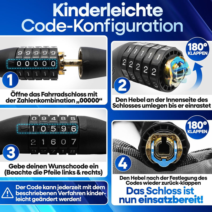 Schritt-für-Schritt-Anleitung zur kinderleichten Code-Konfiguration am Nextcover Kettenschloss: Zahlenkombination „0000“ eingeben, Hebel umlegen, Wunschcode einstellen und Hebel zurückklappen.