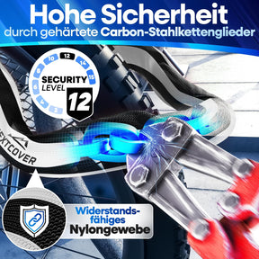 Nextcover Kettenschloss mit gehärteten Carbon-Stahlkettengliedern, Security Level 12 und robustem Nylon-Gewebe für maximalen Diebstahlschutz.
