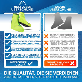 Bild vergleicht Nextcover-Überschuhe mit anderen Überschuhen und hebt dabei die vielen Vorteile der Nextcover-Schuhe hervor. 