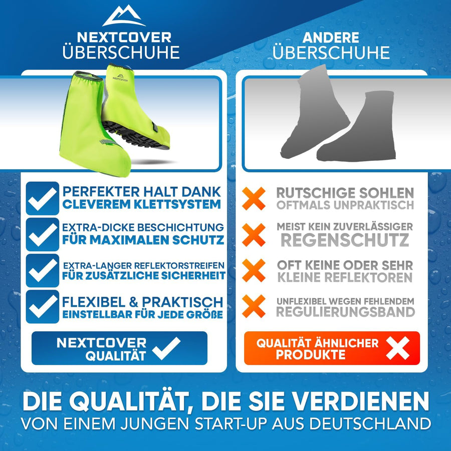 Bild vergleicht Nextcover-Überschuhe mit anderen Überschuhen und hebt dabei die vielen Vorteile der Nextcover-Schuhe hervor. 