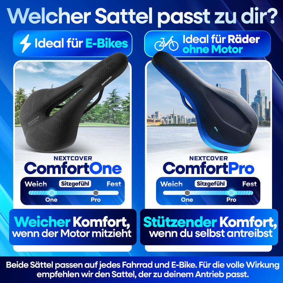 Nextcover Fahrradsattel Vergleich ComfortOne und ComfortPro mit Komfort Level Anzeige für Trekking und Alltag
