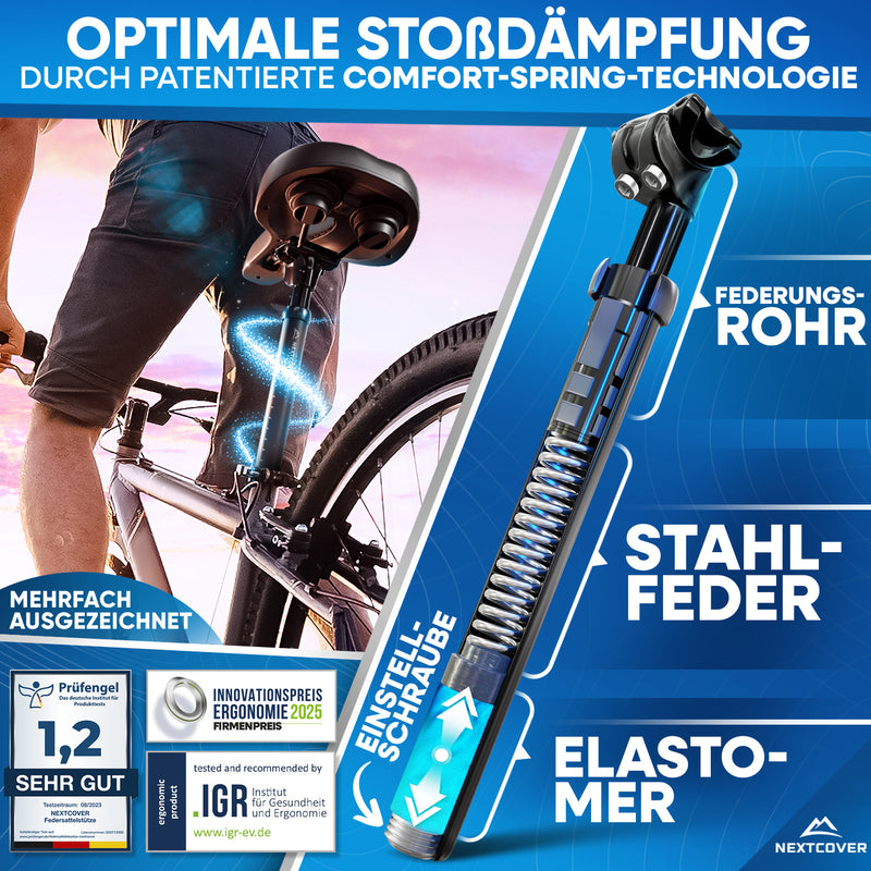 Nextcover Sattelstütze mit patentierter Comfort-Spring-Technologie – optimale Stoßdämpfung durch Stahlfeder und Elastomer, verstellbare Einstellungsschraube, mehrfach ausgezeichnet für ergonomischen Fahrkomfort.