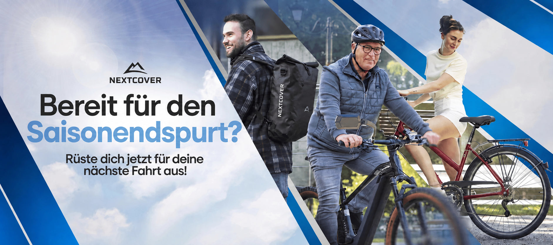 Nextcover Fahrradzubehör im Frühling mit Fahrradrucksack, Handyhalterung und Radfahrern auf City und Trekkingbikes