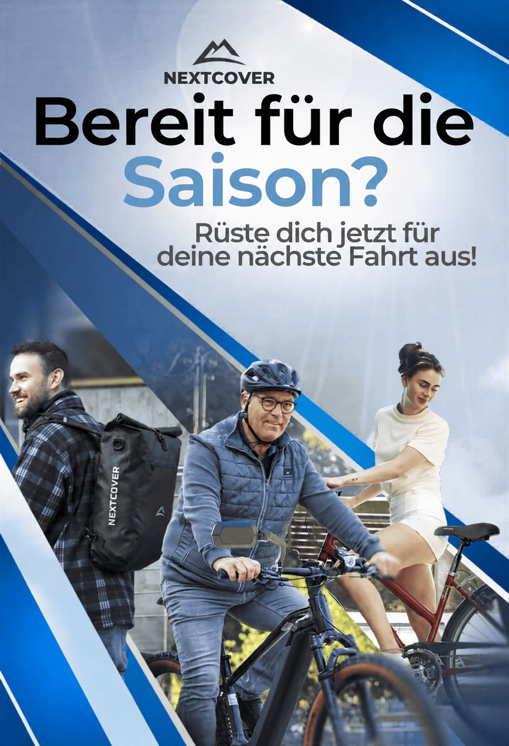 Nextcover Fahrradzubehör im Frühling mit Fahrradrucksack, Handyhalterung und Radfahrern auf City und Trekkingbikes