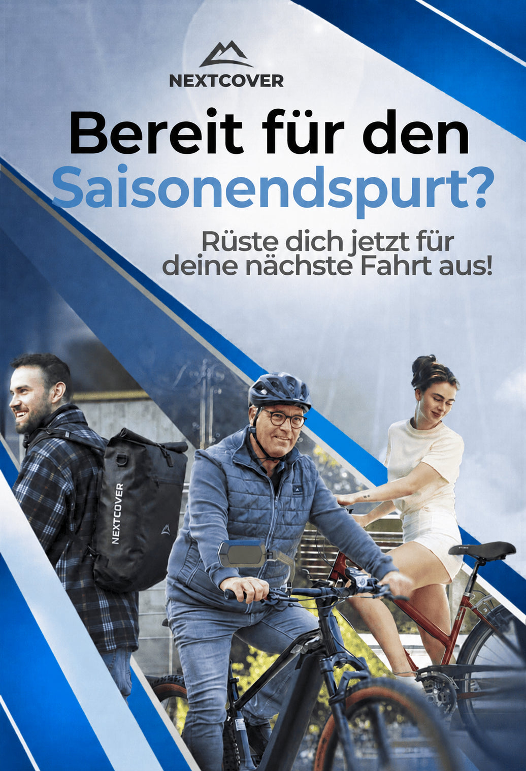 Nextcover Fahrradzubehör im Frühling mit Fahrradrucksack, Handyhalterung und Radfahrern auf City und Trekkingbikes