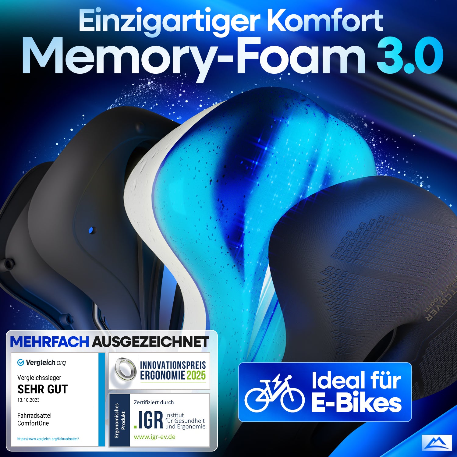 Detailansicht des Nextcover ComfortOne Fahrradsattels mit innovativem Memory-Foam 3.0 für ergonomischen Sitzkomfort, mehrfach ausgezeichnet für Gesundheit und Ergonomie – ideal für Citybikes, E-Bikes und lange Radtouren.