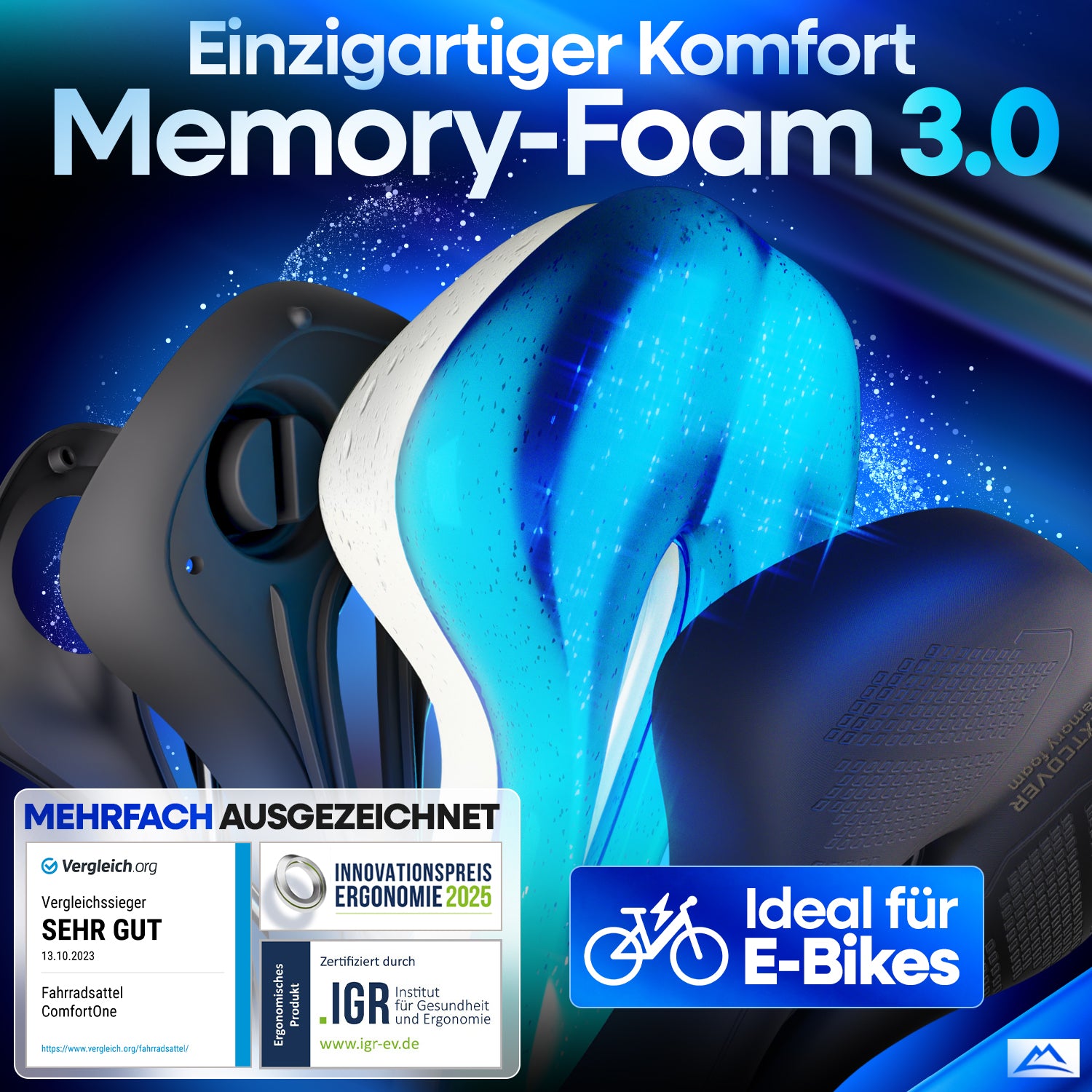 Detailansicht des Nextcover ComfortOne Fahrradsattels mit innovativem Memory-Foam 3.0 für ergonomischen Sitzkomfort, mehrfach ausgezeichnet für Gesundheit und Ergonomie – ideal für Citybikes, E-Bikes und lange Radtouren.