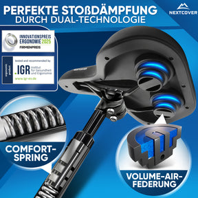 Nextcover Fahrradsattel und Sattelstütze mit Dual-Technologie (Comfort-Spring & Volume-Air-Federung) für perfekte Stoßdämpfung, nominiert für den Innovationspreis Ergonomie 2025 und mehrfach ausgezeichnet durch das IGR