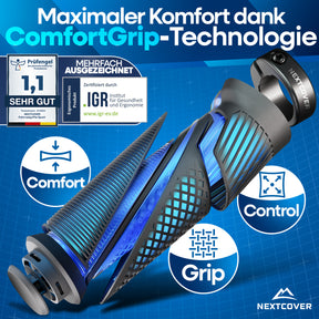 Nextcover ergonomische Fahrradgriffe mit ComfortGrip-Technologie, mehrfach ausgezeichnet (Prüfengel 1,1 „Sehr Gut“) und nominiert für den Innovationspreis Ergonomie 2025, für maximalen Komfort und Grip.