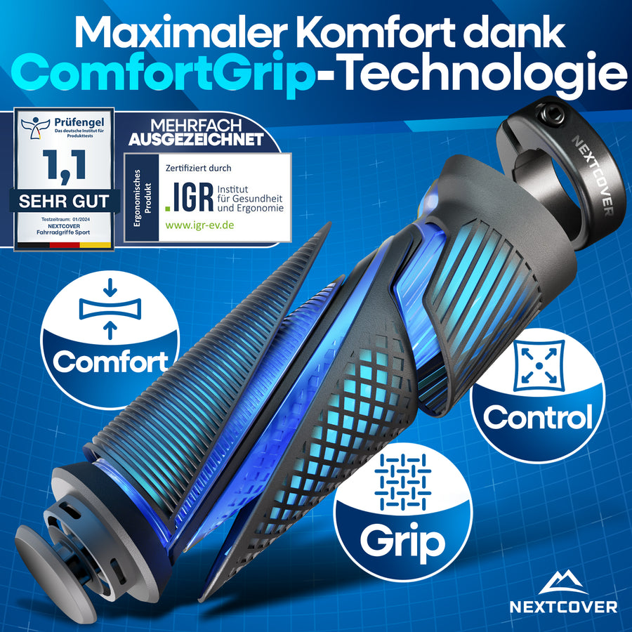 Nextcover ergonomische Fahrradgriffe mit ComfortGrip-Technologie, mehrfach ausgezeichnet (Prüfengel 1,1 „Sehr Gut“) und nominiert für den Innovationspreis Ergonomie 2025, für maximalen Komfort und Grip.