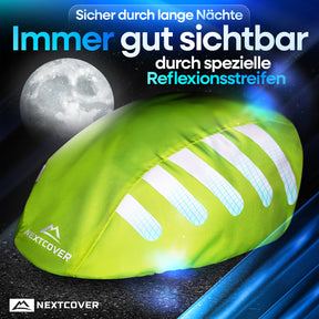 Neongrüner Nextcover Helmüberzug mit speziellen Reflexionsstreifen, 100 % wasserdicht und ideal für hohe Sichtbarkeit sowie trockenen Kopfschutz bei nächtlichen Fahrten.