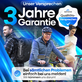 Nextcover 3-Jahres-Garantie mit Qualitätsversprechen: Drei zufriedene Kunden (u. a. mit Nextcover-Rucksack und Fahrrad) demonstrieren sorgenfreien Gebrauch, dank umfassendem Kundenservice bei Problemen.