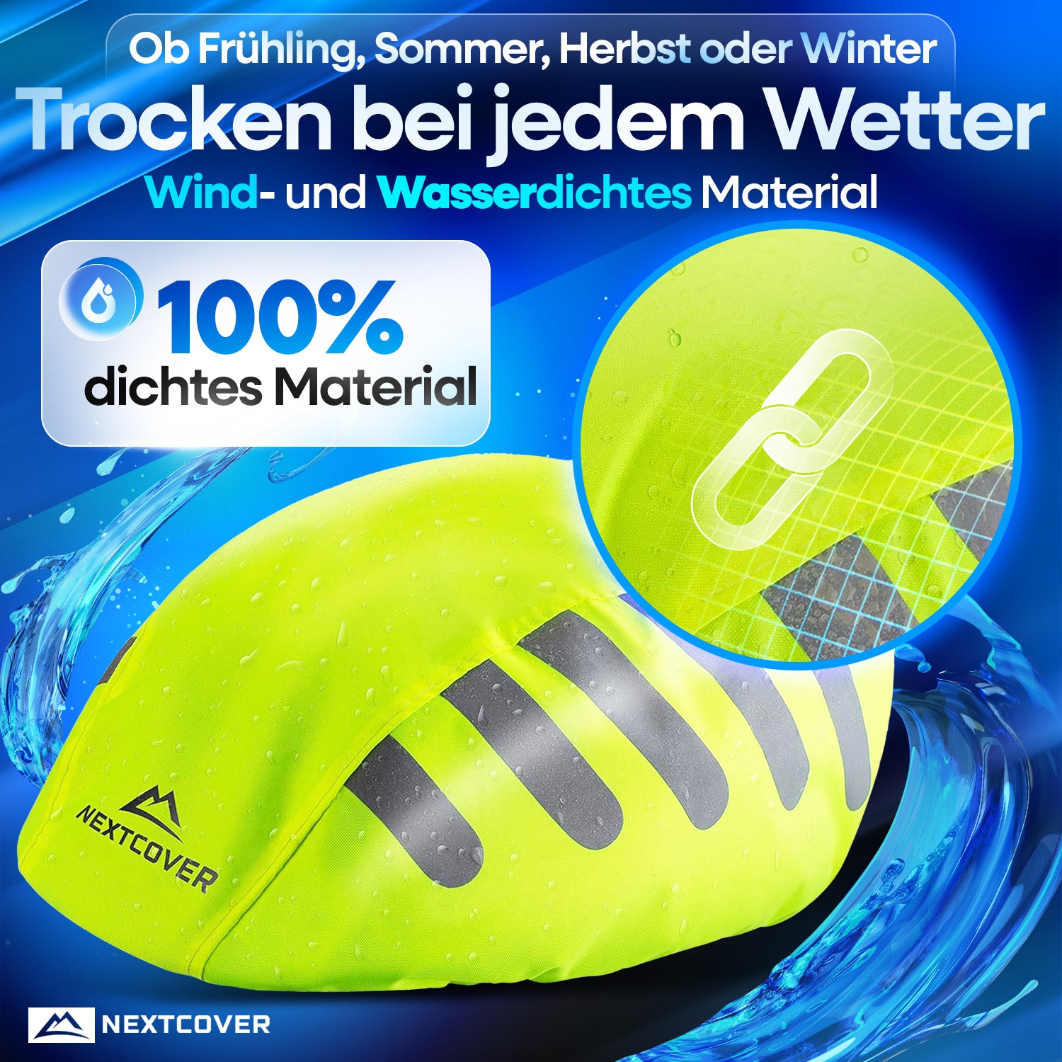 Nextcover Helmüberzug in leuchtendem Neongelb mit 100 % wind- und wasserdichtem Material sowie reflektierenden Streifen, ideal für trockenen Kopfschutz bei jedem Wetter.