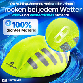 Nextcover Helmüberzug in leuchtendem Neongelb mit 100 % wind- und wasserdichtem Material sowie reflektierenden Streifen, ideal für trockenen Kopfschutz bei jedem Wetter.