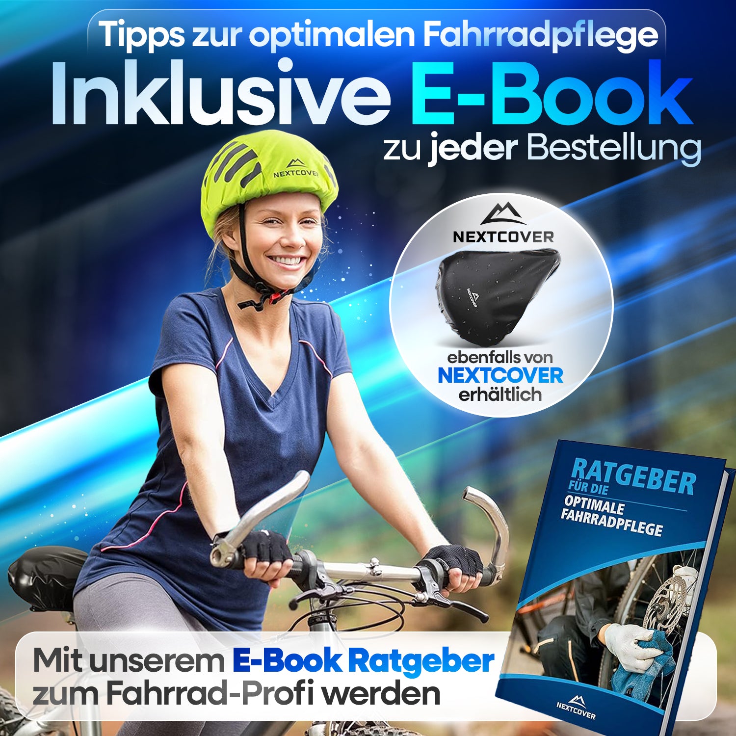 Fahrradfahrerin mit Nextcover Helmüberzug, lächelnd auf dem Rad, dazu ein kostenloses E-Book „Ratgeber für die optimale Fahrradpflege“ als Teil des Angebots.
