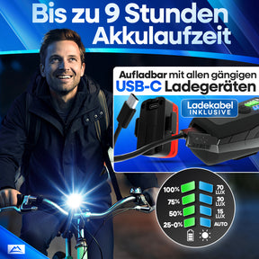 Nextcover LED-Fahrradlicht mit bis zu 9 Stunden Akkulaufzeit, USB-aufladbar, ausgezeichnet als „Rad fahren“ Testsieger und „Prüfengel 1,3 Sehr Gut“ für sichere Fahrten bei Dunkelheit.