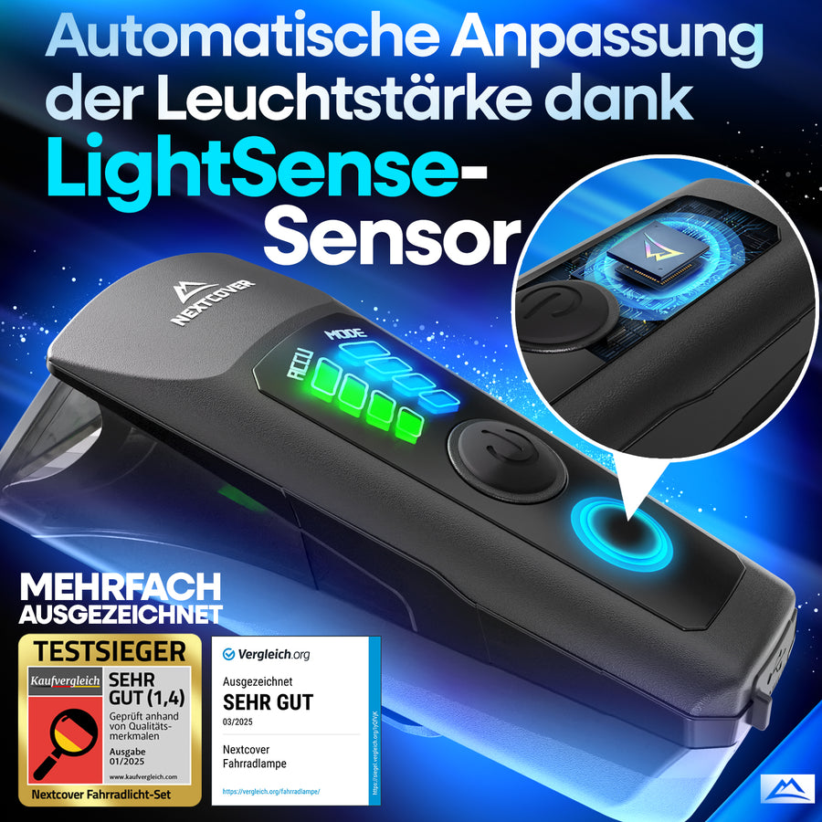 Nextcover LED-Fahrradlicht mit automatischer Leuchtstärke-Anpassung durch LightSense-Sensor, variablen Helligkeitsstufen (80 Lux, 40 Lux, 15 Lux) und Akkuanzeige für optimale Sicht und Sicherheit.