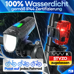 Nextcover LED-Fahrradlicht-Set, 100 % wasserdicht (IP44-zertifiziert) und StVZO-konform, bestehend aus hellem Frontscheinwerfer und rotem Rücklicht für optimale Sicherheit bei Regen und Dunkelheit.