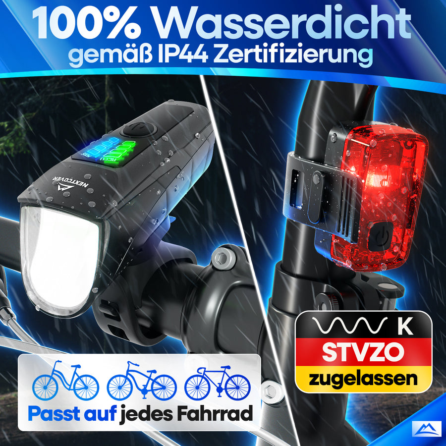 Nextcover LED-Fahrradlicht-Set, 100 % wasserdicht (IP44-zertifiziert) und StVZO-konform, bestehend aus hellem Frontscheinwerfer und rotem Rücklicht für optimale Sicherheit bei Regen und Dunkelheit.