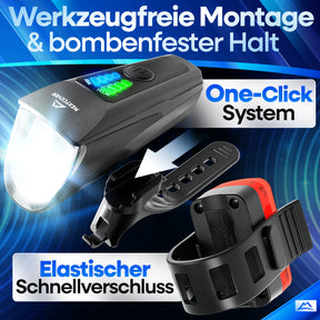 Nextcover LED-Fahrradlicht-Set (Frontlicht & Rücklicht) mit werkzeugfreier One-Click-Montage und bombenfestem Halt, ideal für sichere Nachtfahrten und maximale Sichtbarkeit.