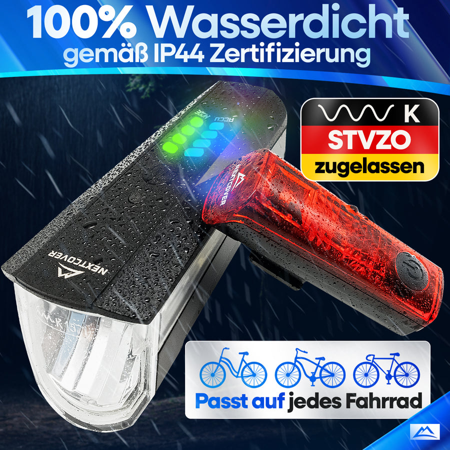 Nextcover LED-Fahrradlicht-Set, 100 % wasserdicht (IP44-zertifiziert) und StVZO-konform, bestehend aus hellem Frontscheinwerfer und rotem Rücklicht für optimale Sicherheit bei Regen und Dunkelheit.