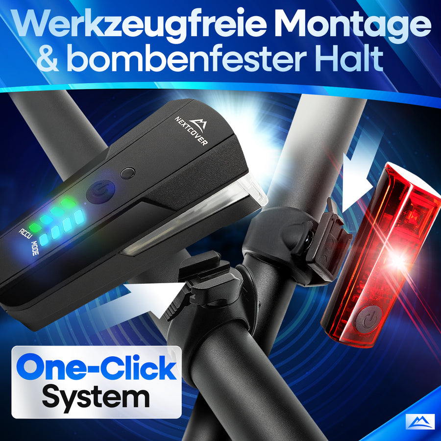 Nextcover LED-Fahrradlicht-Set (Frontlicht & Rücklicht) mit werkzeugfreier One-Click-Montage und bombenfestem Halt, ideal für sichere Nachtfahrten und maximale Sichtbarkeit.