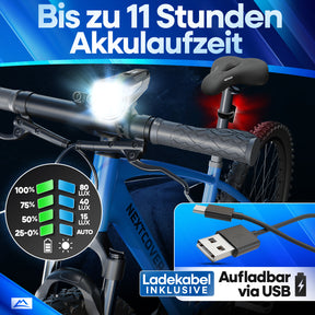 Nextcover LED-Fahrradlicht mit bis zu 11Stunden Akkulaufzeit, USB-aufladbar, ausgezeichnet als „Rad fahren“ Testsieger und „Prüfengel 1,3 Sehr Gut“ für sichere Fahrten bei Dunkelheit.