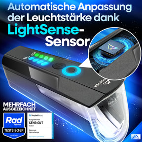 Nextcover LED-Fahrradlicht mit automatischer Leuchtstärke-Anpassung durch LightSense-Sensor, variablen Helligkeitsstufen (80 Lux, 40 Lux, 15 Lux) und Akkuanzeige für optimale Sicht und Sicherheit.