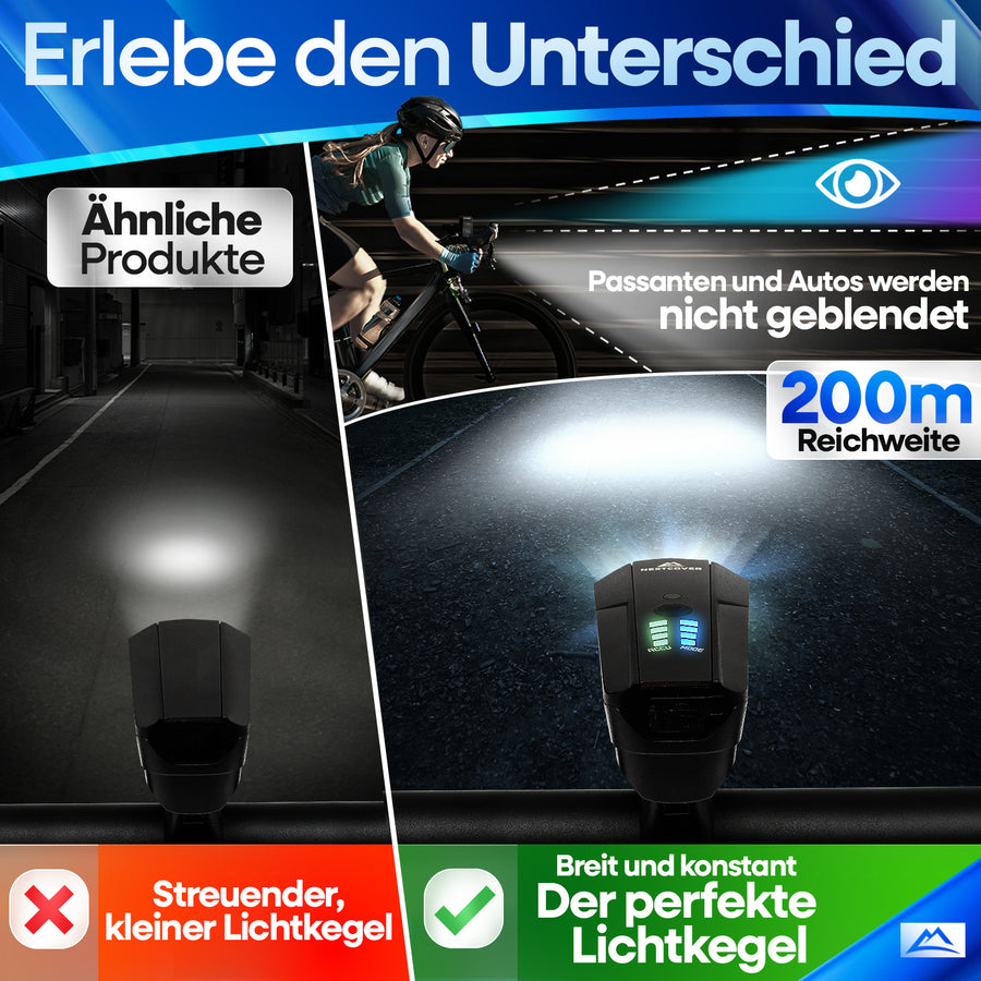 Vergleich zwischen herkömmlicher Beleuchtung (links) mit engem Lichtkegel und dem Nextcover LED-Fahrradlicht (rechts) mit breiter, gleichmäßiger Ausleuchtung, bei der Passanten nicht geblendet werden.