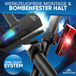 Nextcover LED-Fahrradlicht-Set (Frontlicht & Rücklicht) mit werkzeugfreier One-Click-Montage und bombenfestem Halt, ideal für sichere Nachtfahrten und maximale Sichtbarkeit.