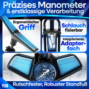 Nextcover AirPro Fahrradpumpe mit präzisem Manometer, ergonomischem Griff, integriertem Adapterfach und rutschfestem Standfuß – hochwertige Standpumpe für maximale Kontrolle beim Aufpumpen.