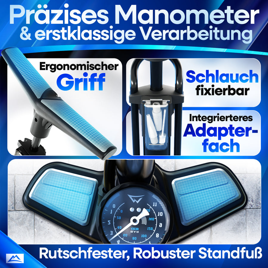 Nextcover AirPro Fahrradpumpe mit präzisem Manometer, ergonomischem Griff, integriertem Adapterfach und rutschfestem Standfuß – hochwertige Standpumpe für maximale Kontrolle beim Aufpumpen.