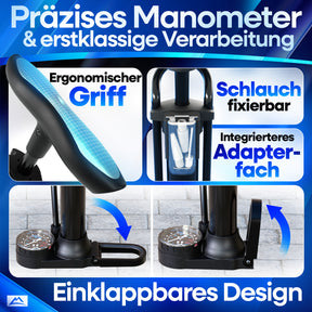AirOne Fahrradpumpe mit präzisem Manometer, ergonomischem Griff, einklappbarem Design, fixierbarem Schlauch und integriertem Adapterfach – ideal für komfortables und platzsparendes Aufpumpen.