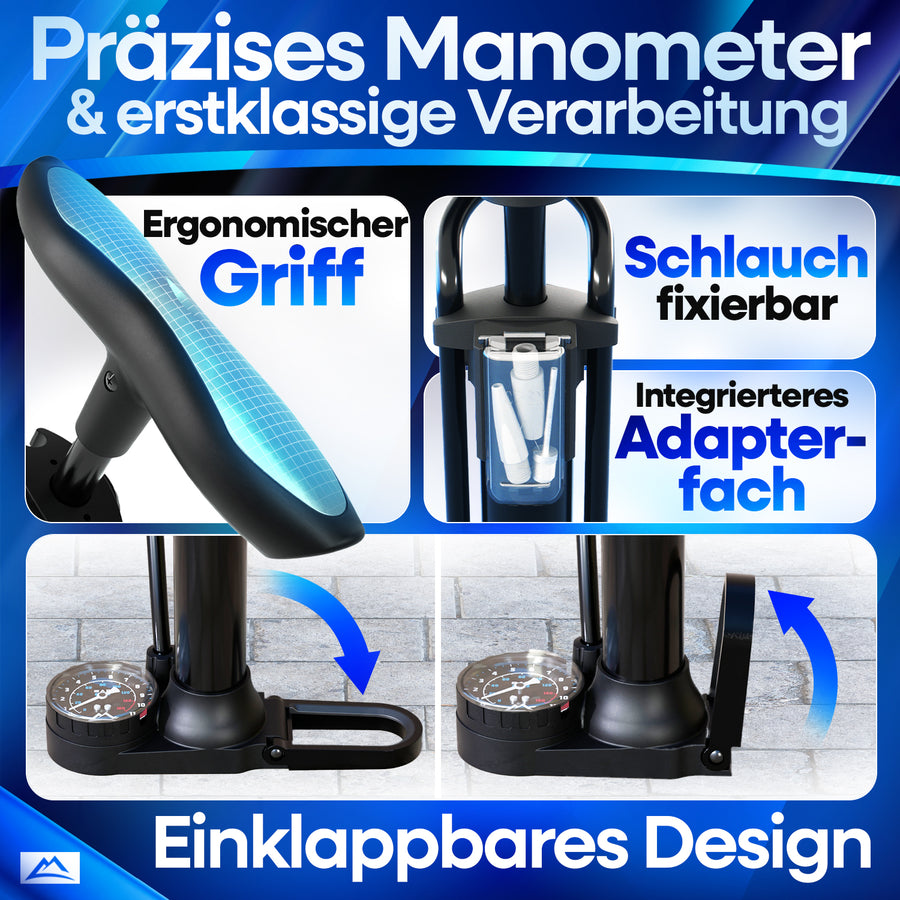AirOne Fahrradpumpe mit präzisem Manometer, ergonomischem Griff, einklappbarem Design, fixierbarem Schlauch und integriertem Adapterfach – ideal für komfortables und platzsparendes Aufpumpen.