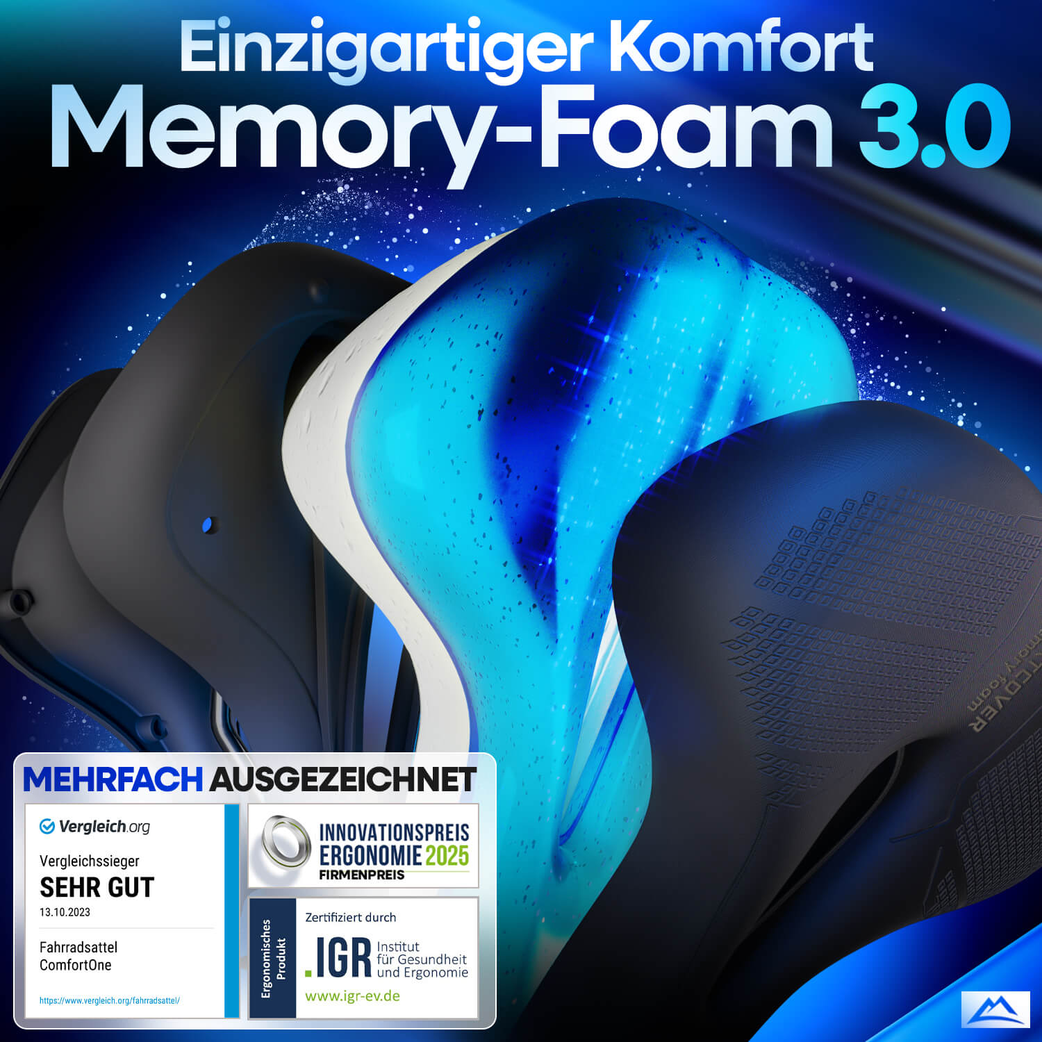 Detailansicht des Nextcover ComfortOne Fahrradsattels mit innovativem Memory-Foam 3.0 für ergonomischen Sitzkomfort, mehrfach ausgezeichnet für Gesundheit und Ergonomie – ideal für Citybikes, E-Bikes und lange Radtouren.