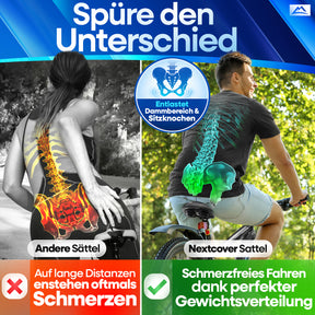 Nextcover ComfortOne Fahrradsattel im Vergleich – schmerzfreies Radfahren durch optimale Druckverteilung und ergonomischen Sitzkomfort, ideal für lange Strecken.