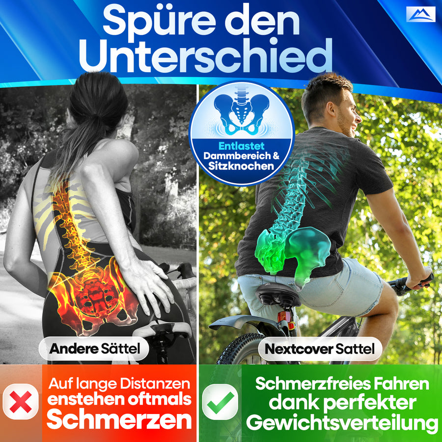 Nextcover ComfortOne Fahrradsattel im Vergleich – schmerzfreies Radfahren durch optimale Druckverteilung und ergonomischen Sitzkomfort, ideal für lange Strecken.