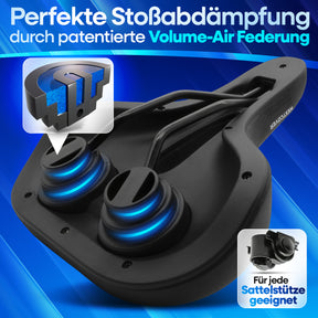 Rückansicht des Nextcover ComfortOne Fahrradsattels mit patentierter Volume-Air Federung für optimale Stoßdämpfung, inklusive Montageset und universeller Kompatibilität mit allen Sattelstützen – ideal für E-Bikes und Cityräder.