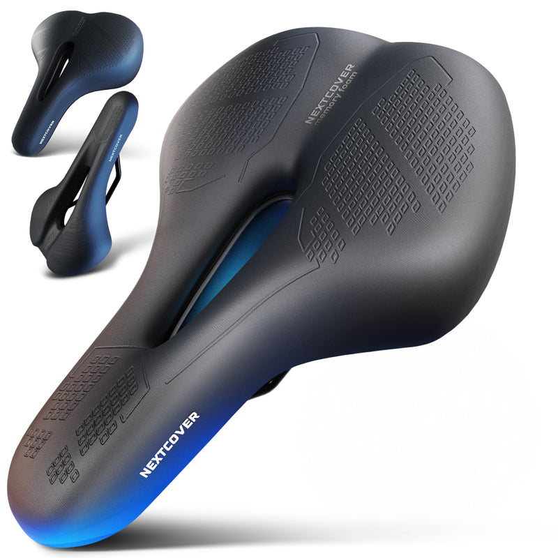 Ergonomischer Nextcover Fahrradsattel ComfortOne aus Memory-Schaum 3.0 in Schwarz und drei verschiedenen Größen (MTB, City, Trekking), inklusive gratis Sattelbezug und Montagewerkzeug für optimalen Fahrkomfort.