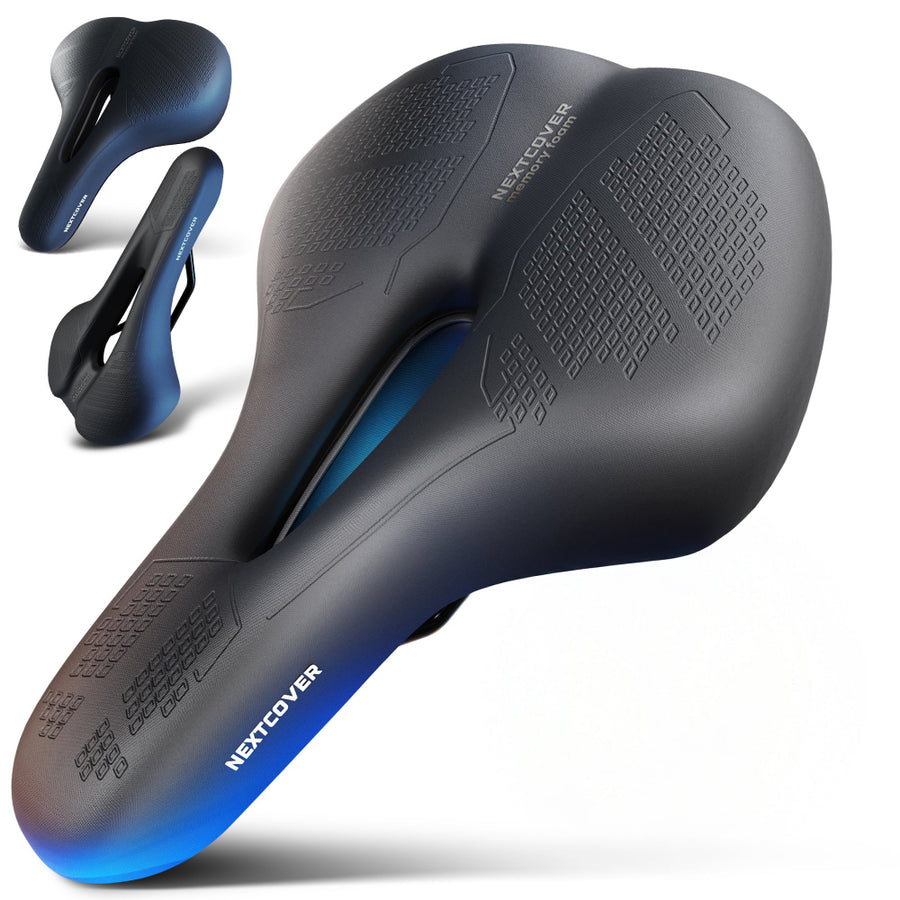 Ergonomischer Nextcover Fahrradsattel ComfortOne aus Memory-Schaum 3.0 in Schwarz und drei verschiedenen Größen (MTB, City, Trekking), inklusive gratis Sattelbezug und Montagewerkzeug für optimalen Fahrkomfort.