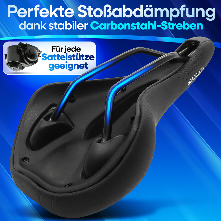 Rückansicht des Nextcover ComfortOne Fahrradsattels mit patentierter Volume-Air Federung für optimale Stoßdämpfung, inklusive Montageset und universeller Kompatibilität mit allen Sattelstützen – ideal für E-Bikes und Cityräder.