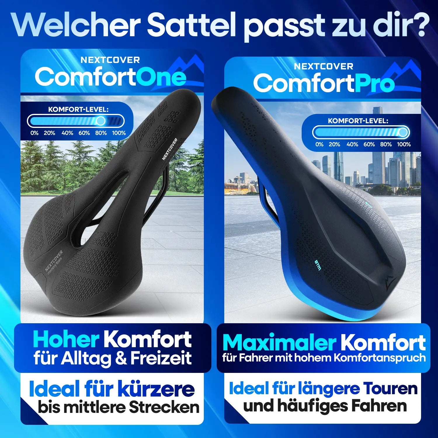 Nextcover Fahrradsattel Vergleich ComfortOne und ComfortPro mit Komfort Level Anzeige für Trekking und Alltag