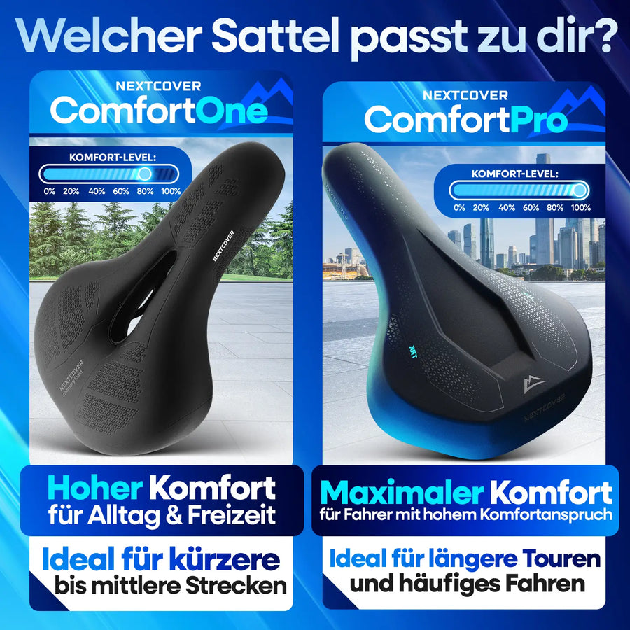 Nextcover Fahrradsattel Vergleich ComfortOne und ComfortPro mit Komfort Level Anzeige für Trekking und Alltag