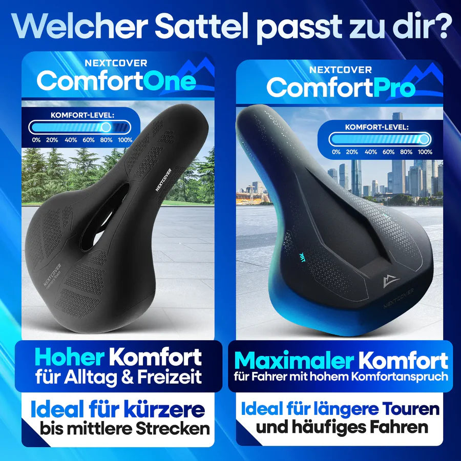 Nextcover Fahrradsattel Vergleich ComfortOne und ComfortPro mit Komfort Level Anzeige für Trekking und Alltag