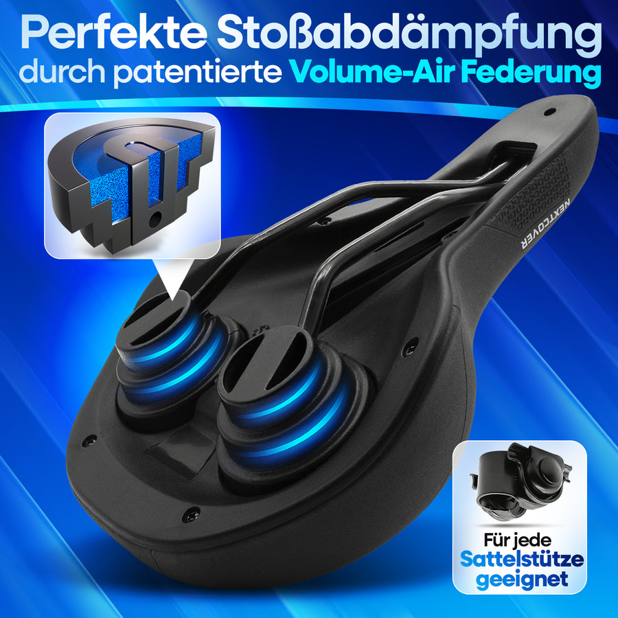 Rückansicht des Nextcover ComfortOne Fahrradsattels mit patentierter Volume-Air Federung für optimale Stoßdämpfung, inklusive Montageset und universeller Kompatibilität mit allen Sattelstützen – ideal für E-Bikes und Cityräder.
