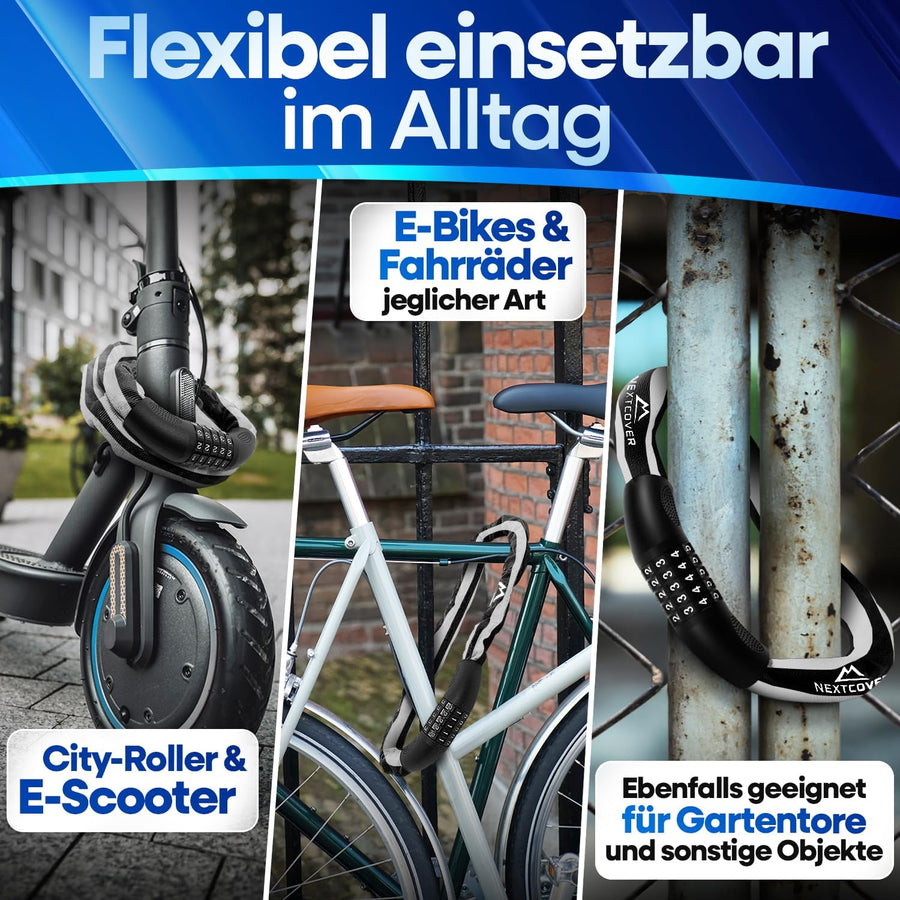 Nextcover Kettenschloss mit ca. 1 m Überlänge, vielseitig einsetzbar für E-Bikes, Fahrräder, City-Roller, E-Scooter und Kinderwägen, optimal verstaubar für maximalen Diebstahlschutz.